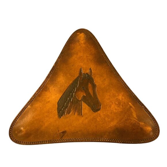 Vintage Tooled Leather Horse Wall Art Triangle Western Decor Saddle Style - Picture 2 of 15